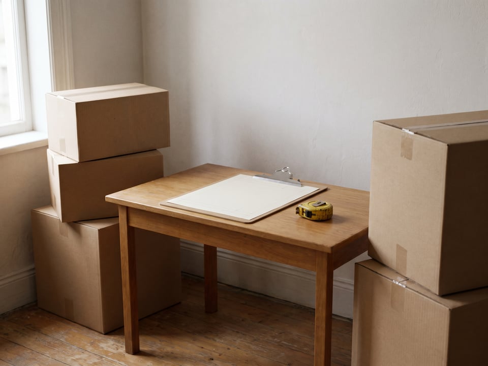 A printed checklist on a clipboard resting beside two separated groups of packed cardboard boxes.