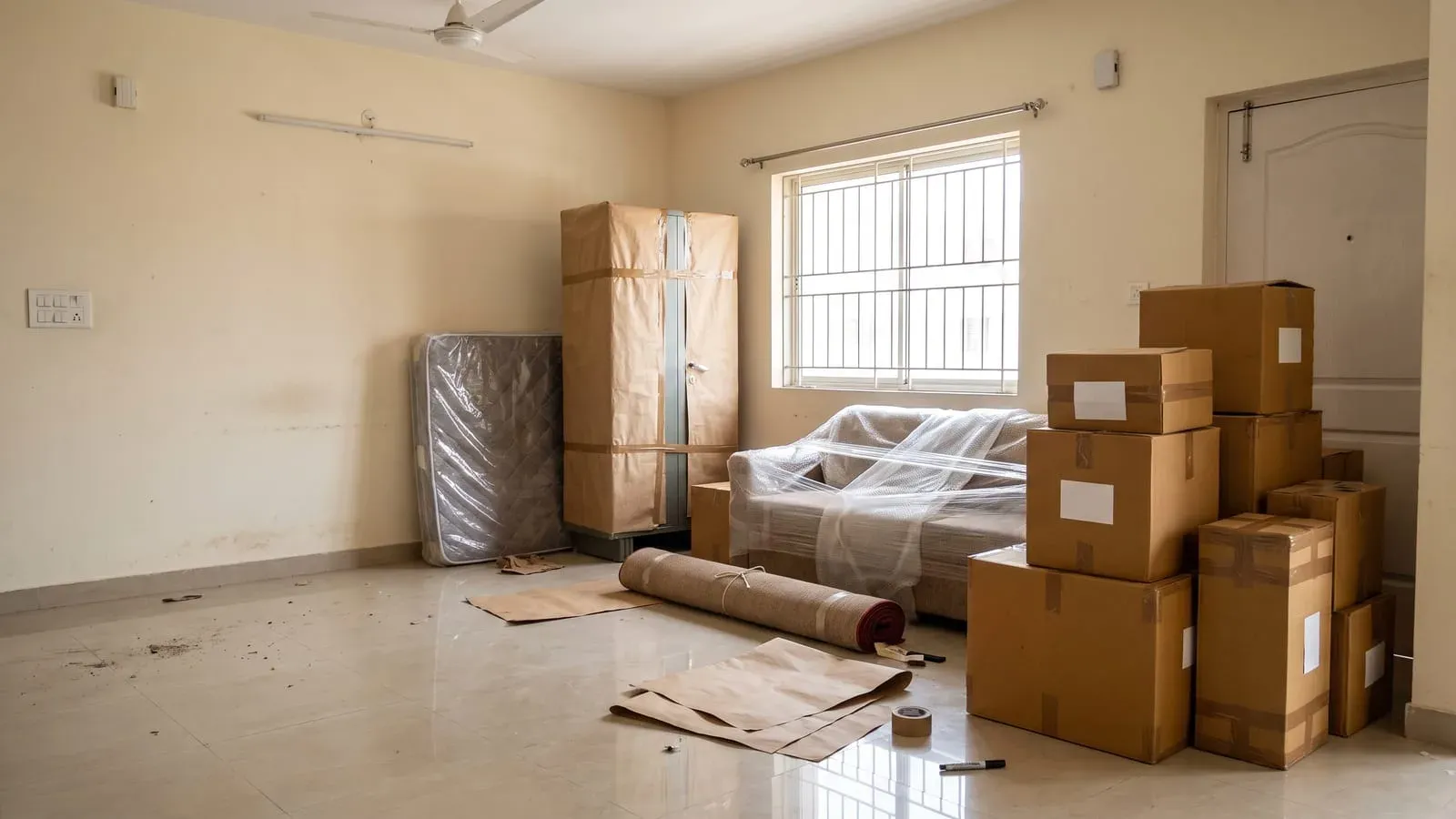 Cartons, a film-wrapped sofa and a paper-wrapped almirah by the front door of a flat on packing day.