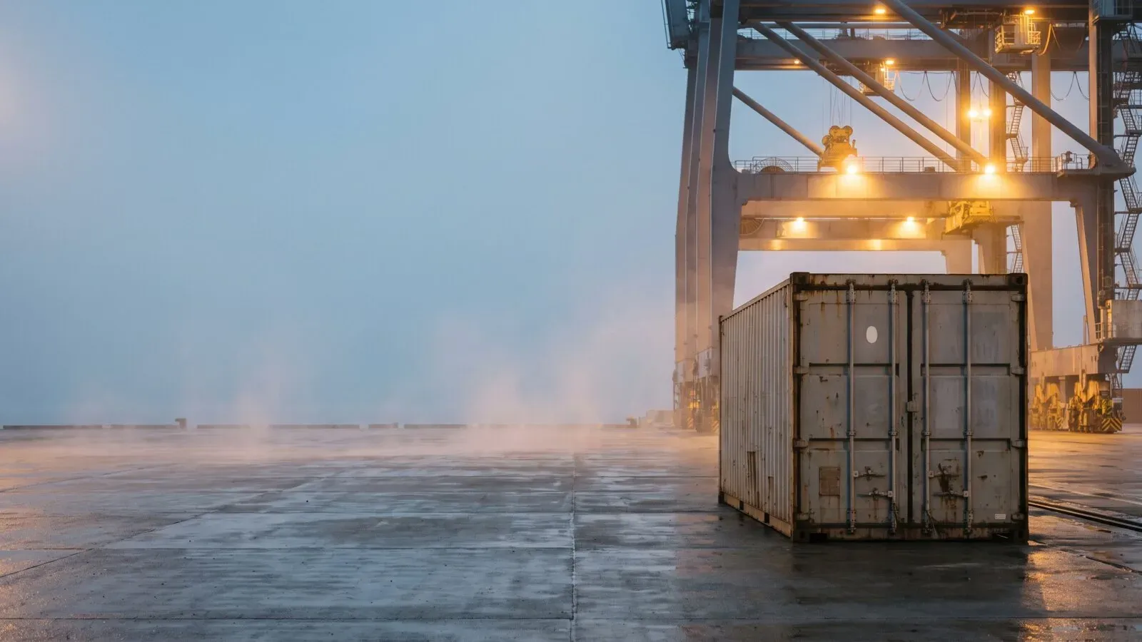 A sealed shipping container on a wet quay under a lit gantry crane at dawn, waiting for its sailing.