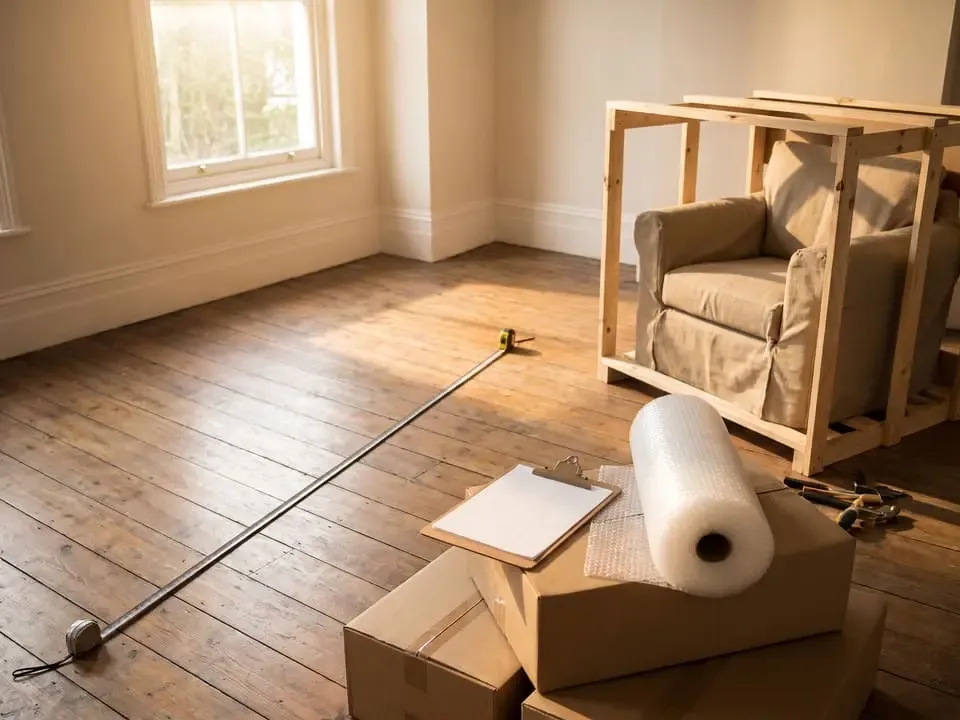 A tape measure, clipboard and bubble wrap on packing boxes beside a wooden crate built around an armchair, ready for a move.
