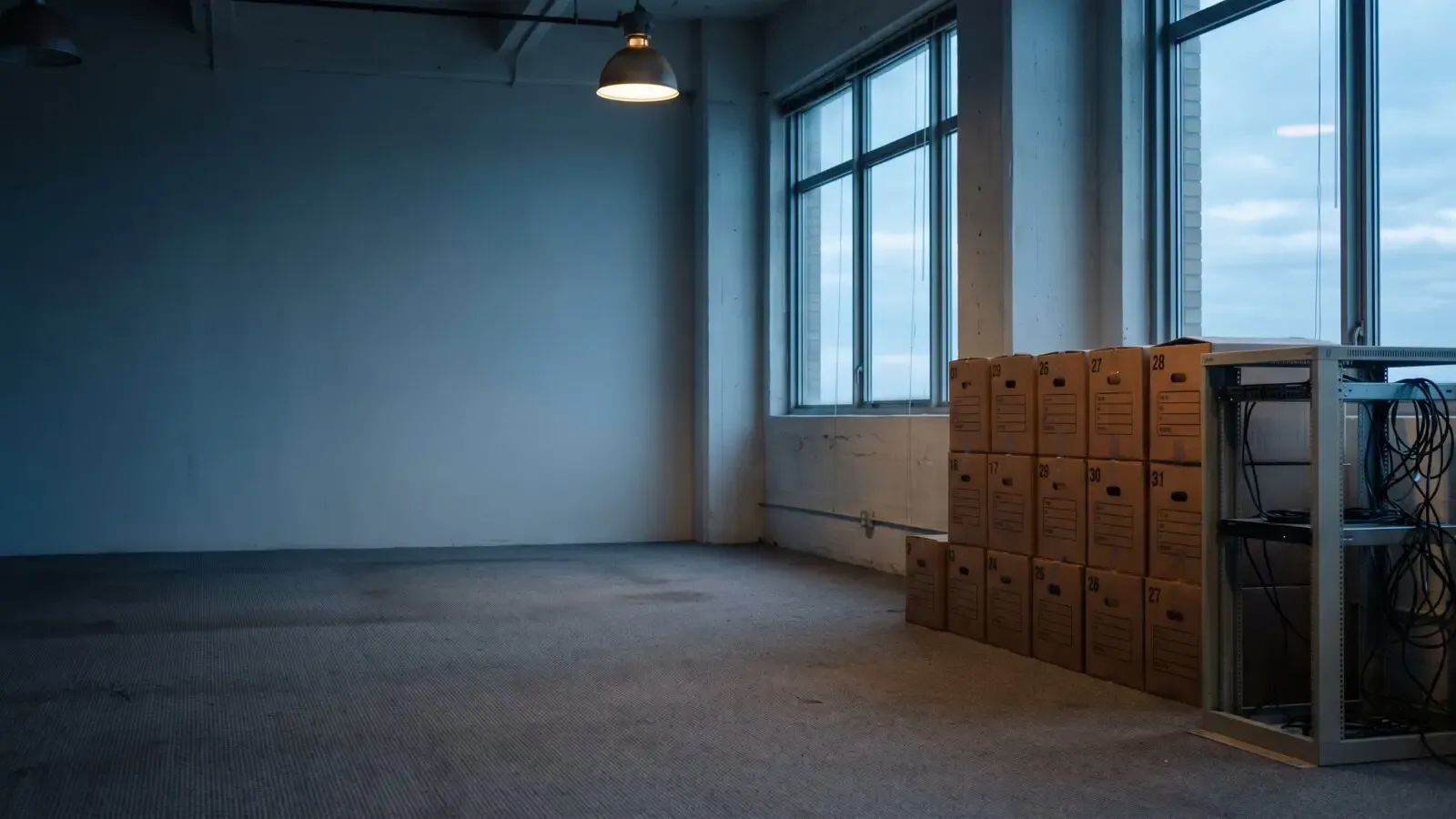 An emptied office floor at dawn, with numbered cartons stacked by the windows beside an open equipment rack.