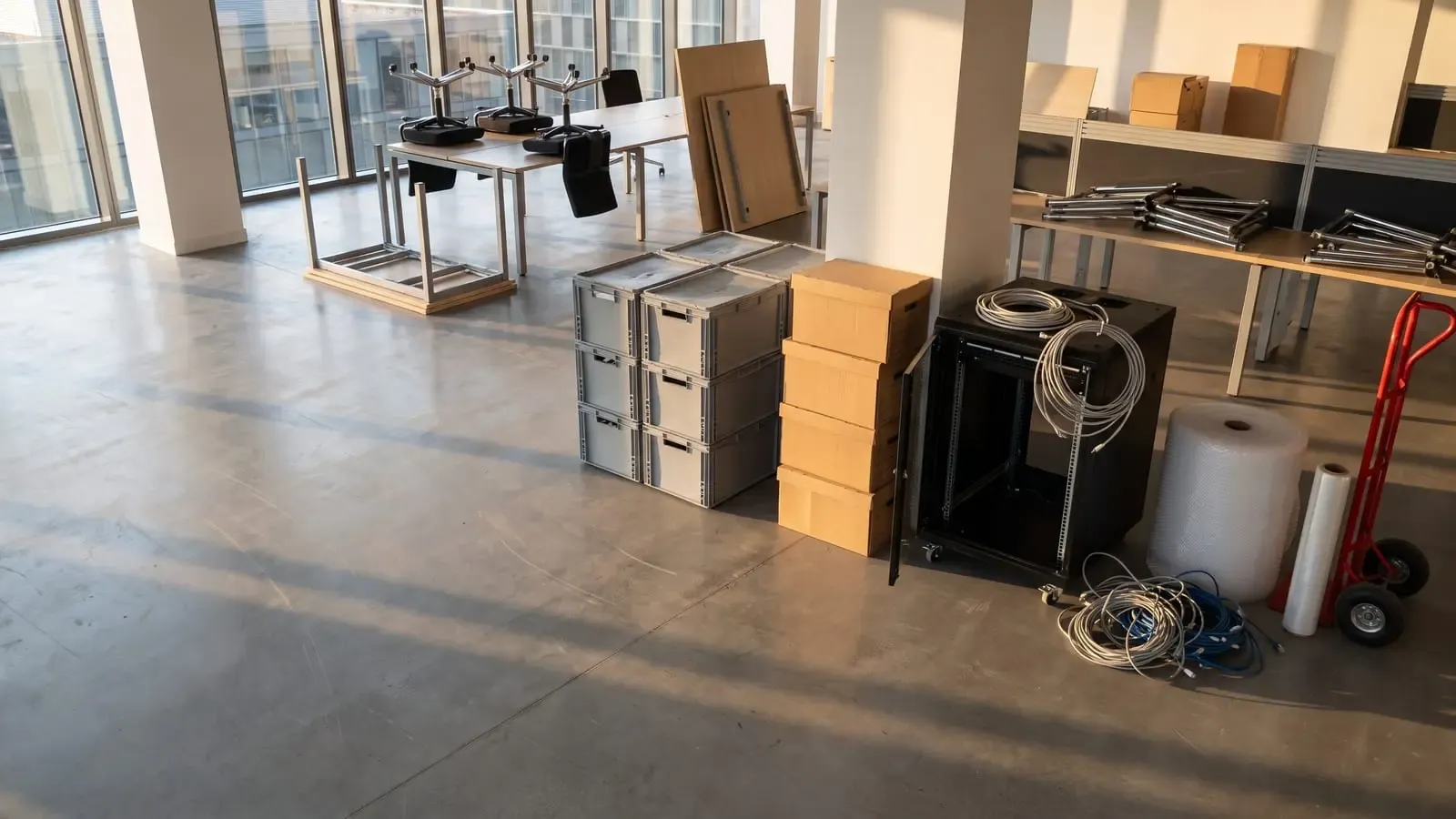 An office mid-move, with desks taken apart, crates and cartons stacked, and an open server rack beside coiled network cables.