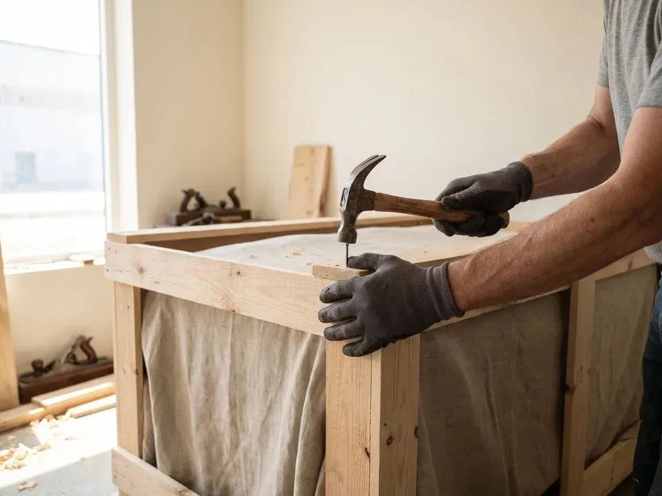 Hands nailing together a wooden shipping crate, the custom packing a fragile or oversized item may need.