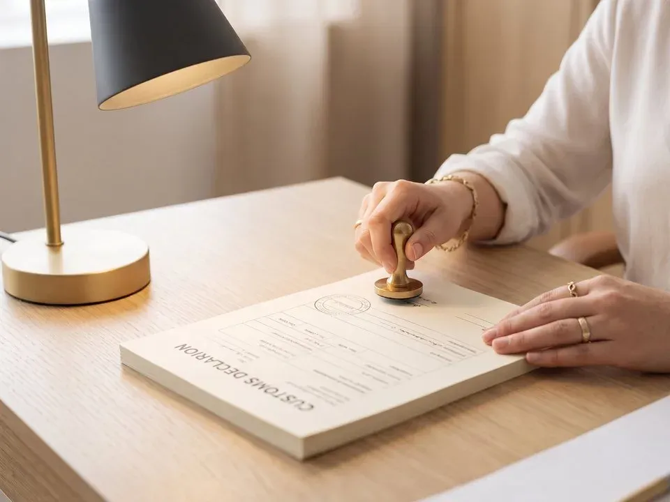 A hand stamping a customs declaration on a desk beside a passport, the point where duty on your goods is decided.