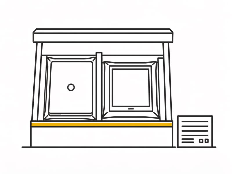 Line illustration of a laptop and a monitor packed upright in a padded crate beside a server unit.